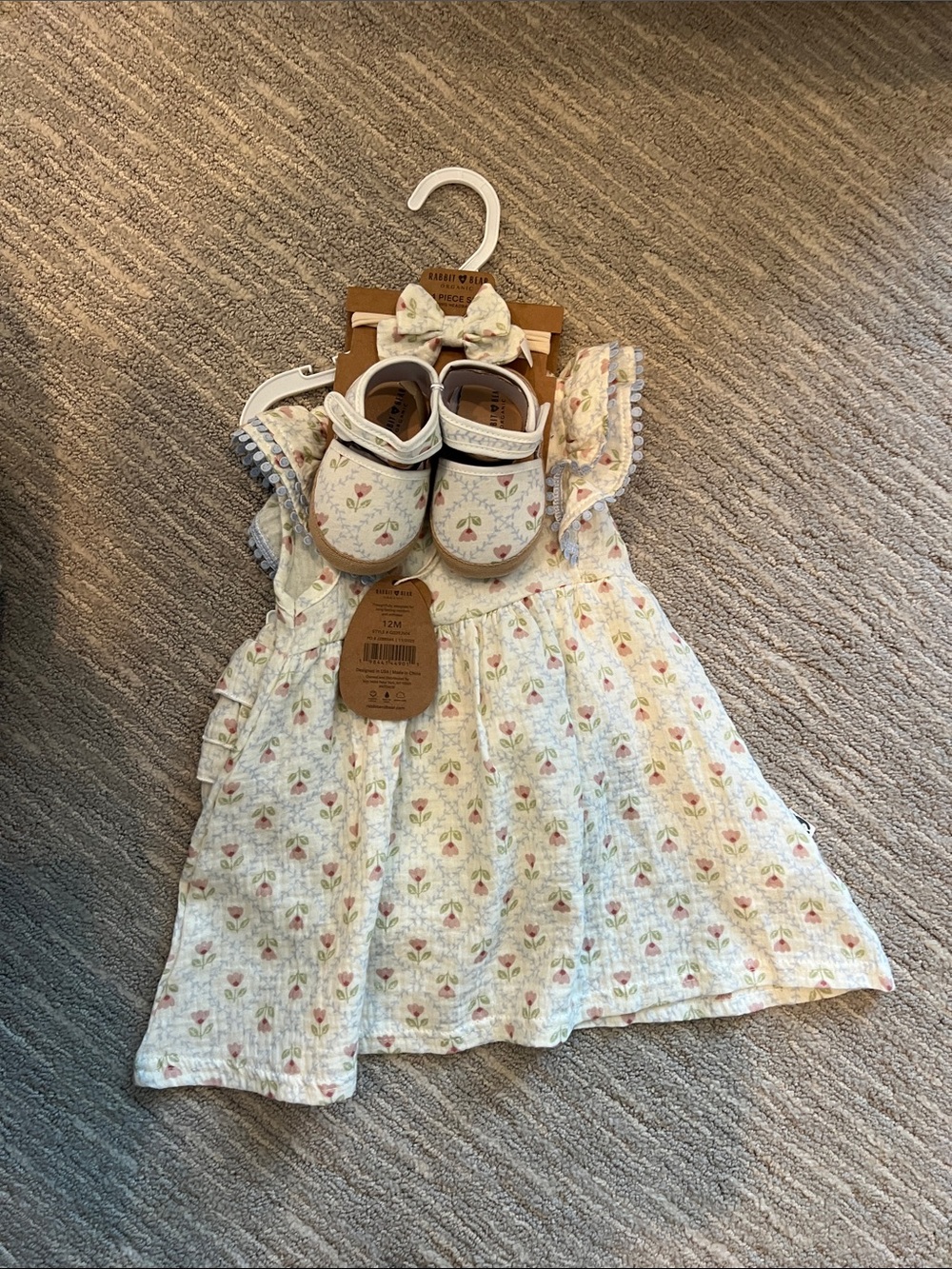 NWT Girls Floral White Dress and Matching White Baby Shoes 12m